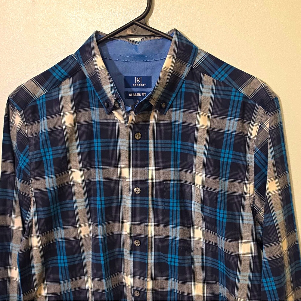 George Men's Woven Cotton/Spandex Plaid LS Button-Up S Blue/Gray/White #268